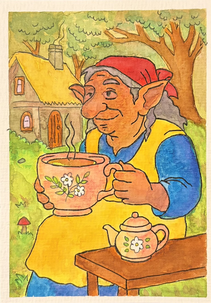 Granny Toadstool drinking tea